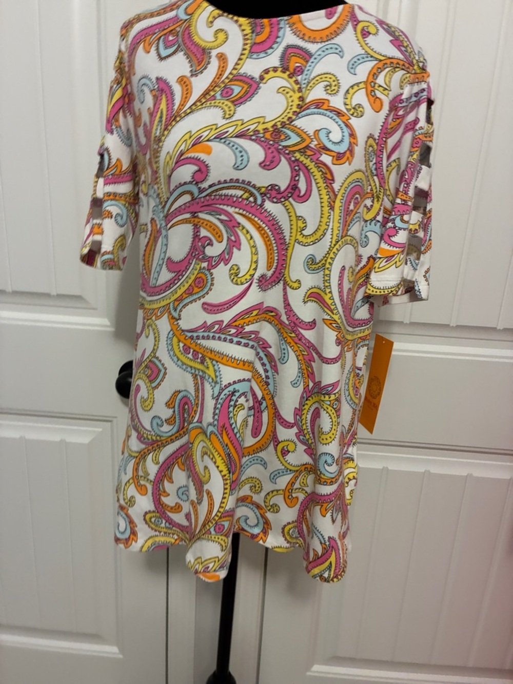 Ruby Rd. White Paisley Tunic Top with Pink & Yellow Accents